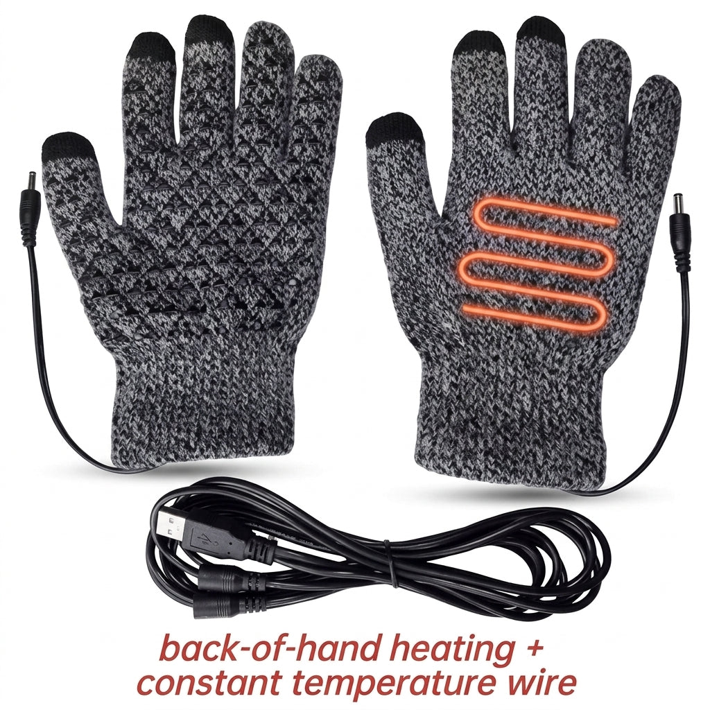 Women's Grey USB Heated Knit Gloves with Touchscreen Fingertips
