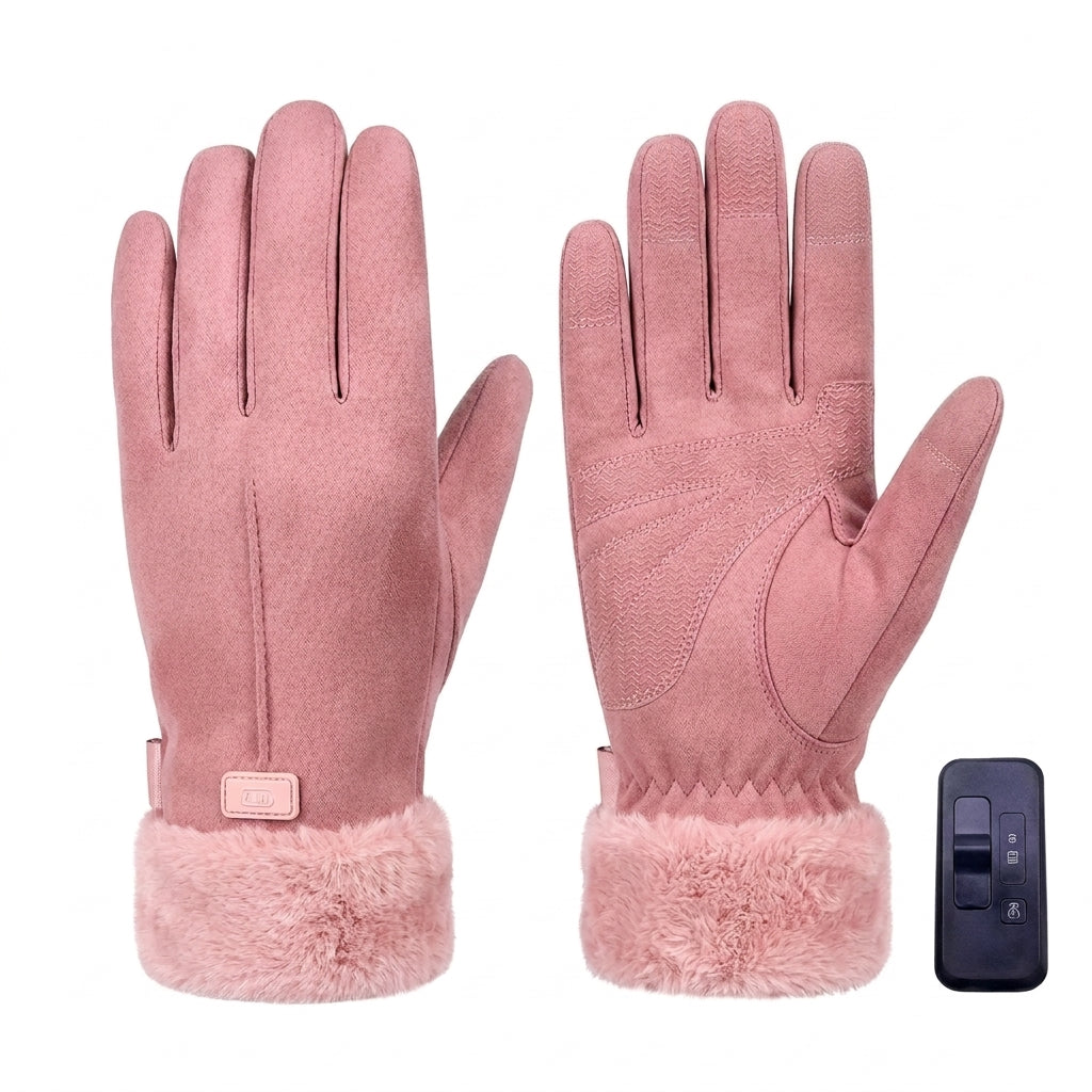 Women's Pink USB Electric Heated Gloves with Faux Fur Cuffs