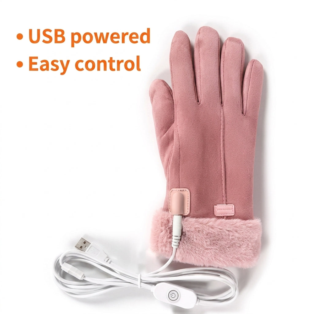 Women's Pink USB Electric Heated Gloves with Faux Fur Cuffs