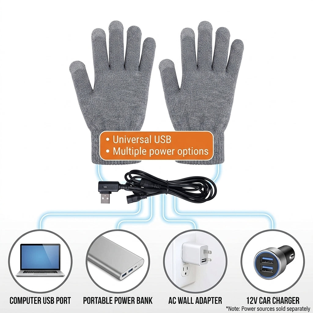 Women's Grey USB Heated Knit Gloves with Touchscreen Fingertips